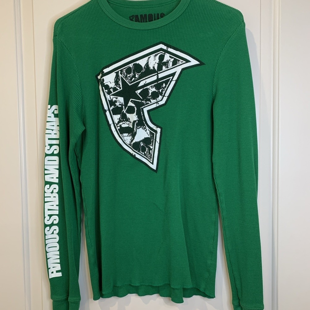 Famous Stars and Straps Mens Med. Green Skull Logo Waffle Knit Thermal Shirt Y2K